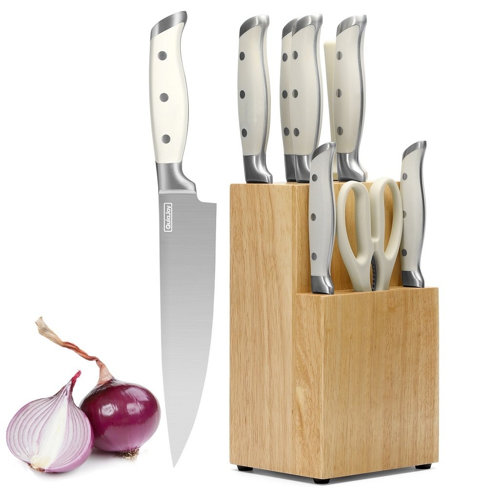 Qulajoy White Knife Set With Block – 9 Piece Razor Sharp Forged High Carbon Stainless Steel Kitchen Knives – Triple Rivet Cooking Knife Set With Kitchen Shear And Sharpener Stick