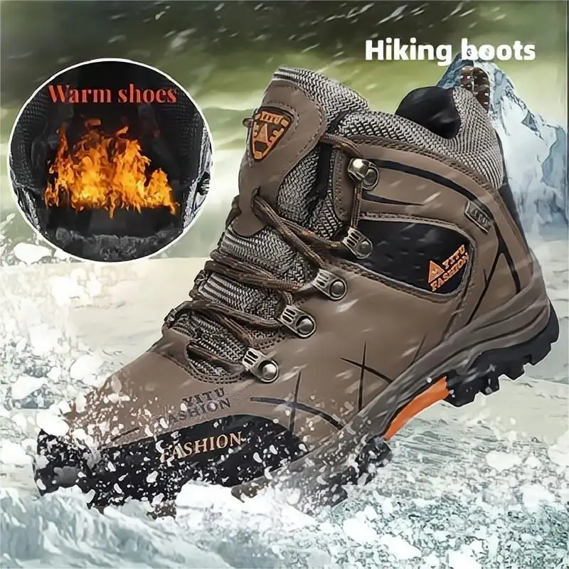 Brand Men’s Winter Snow Boots Waterproof Leather Sneakers Super Warm Men’s Boots Outdoor Male Hiking Boots Work Shoes Size 39-47