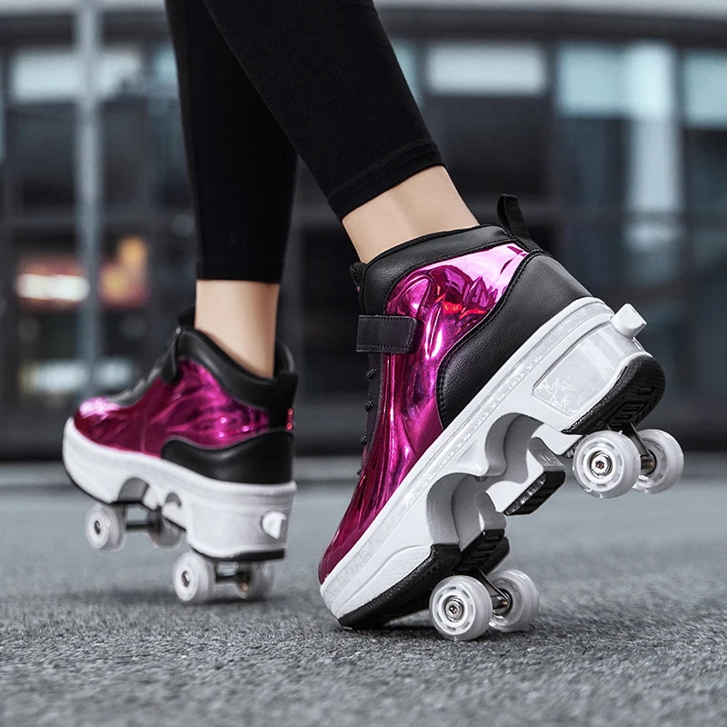Casual Sneakers Walk Roller Skates Deform Runaway Four Wheel Skates for Adult Men Women Unisex Child Deform Wheel Parkour Shoes