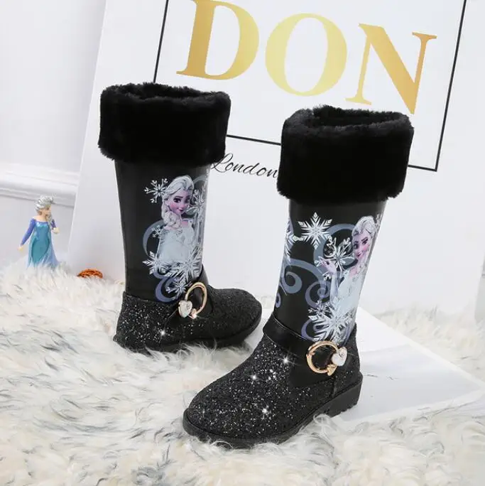 Disney New Elsa High Boots Girls Mid-heeled Autumn And Winter Warm Children Sequins Snow Boot Frozen Boots