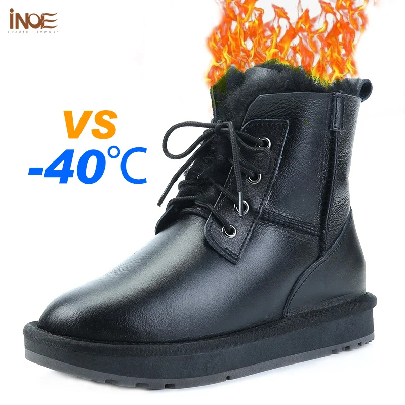INOE Real Sheepskin Leather Natural Sheep Wool Fur Lined Casual Ankle Winter Snow Boots for Women Warm Shoes Waterproof Black