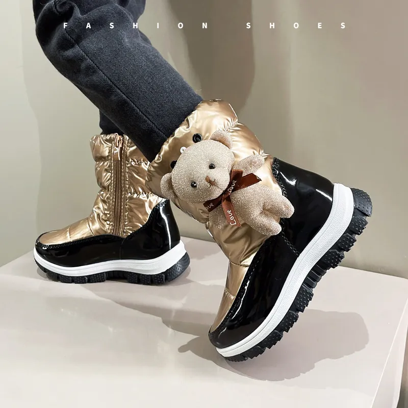 Kids Shoes Winter Boots for Boy Waterproof Pu Upper Baby Girls Child Plus Velvet Thickened Footwear Non-Slip Warm