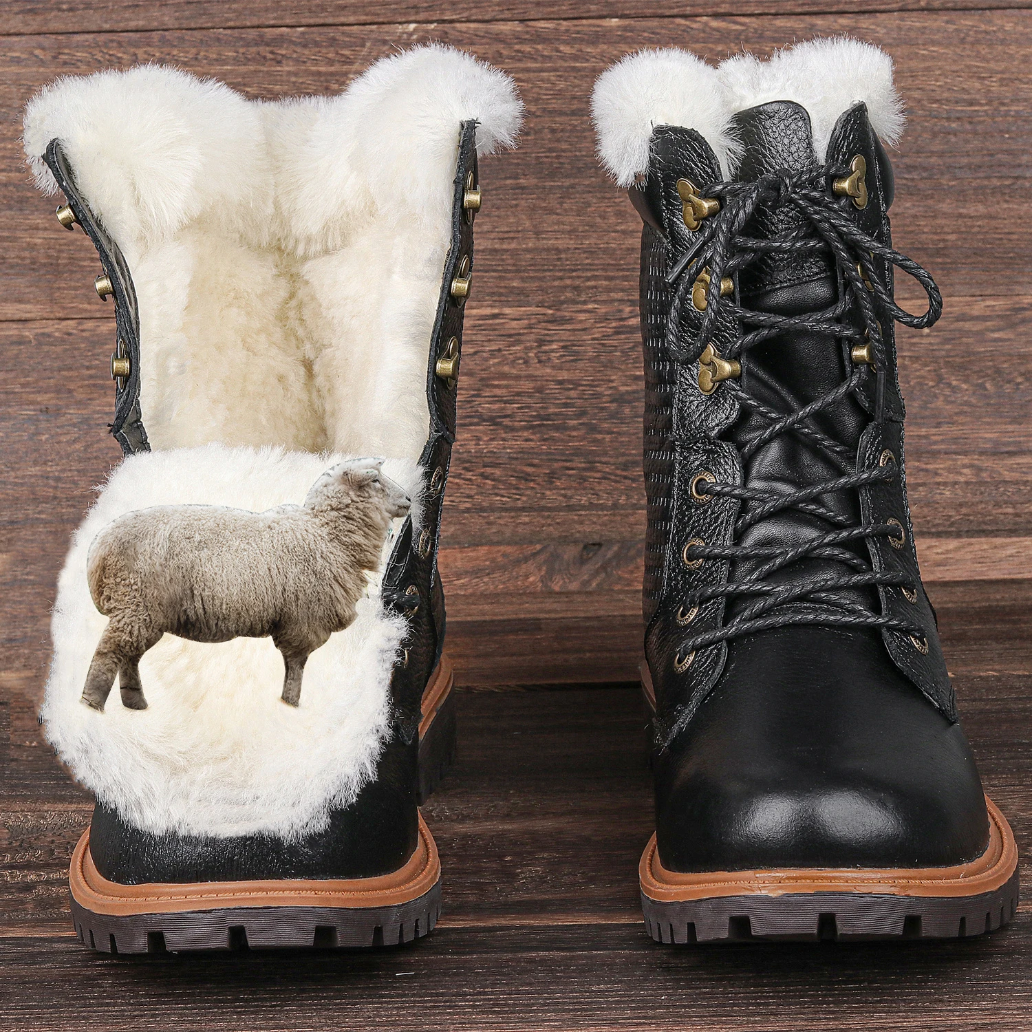 Natural Cow Leather Winter Boots Men Natural Wool Comfortable Non-Slip 2023 Warm Men’s Snow Shoes #YM1568