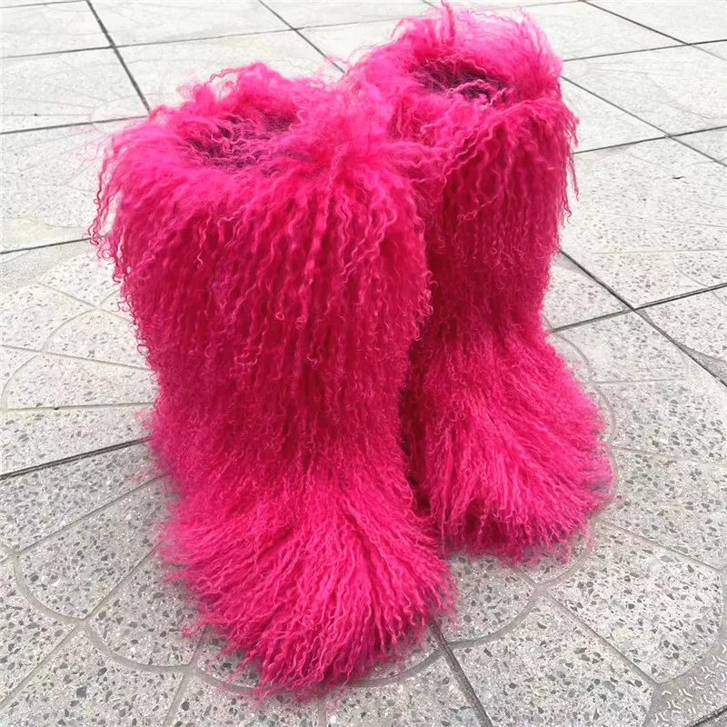 Winter Famous Brand Designer Women Knee High Heel Platform Mongolian Fur Warm Boots Snow Shoes