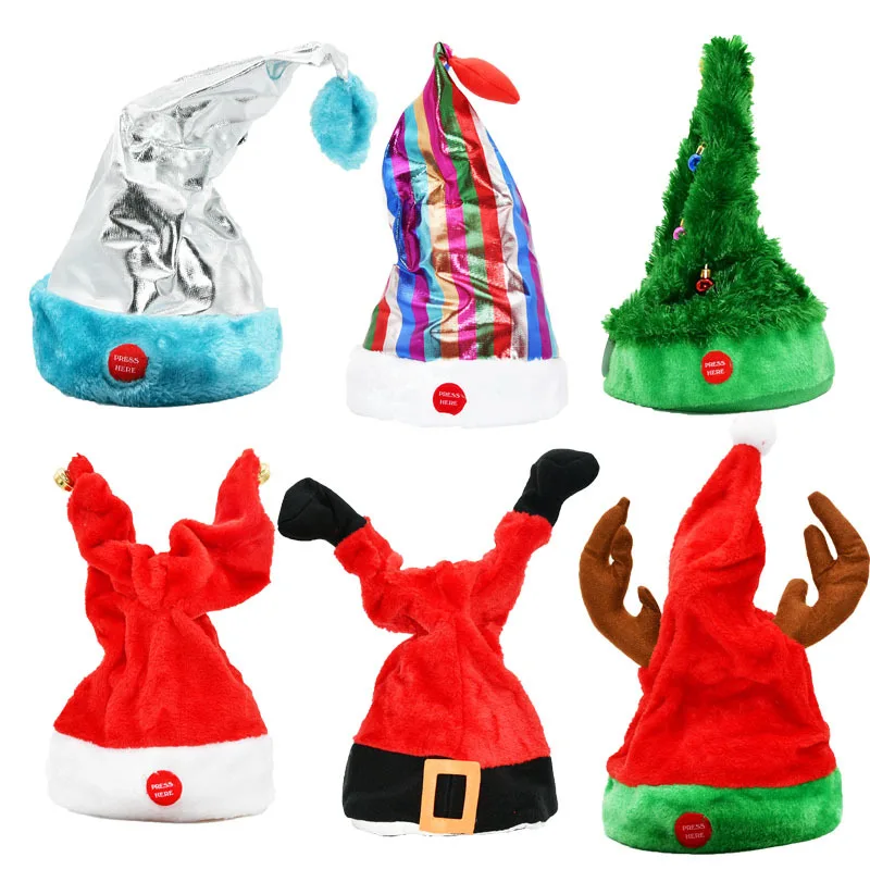 10 Choice Musical Christmas Hat Swing Dance Christmas Santa Antler Hat Singing Moving Electric Antler Hat Plush Adult Hat Gift
