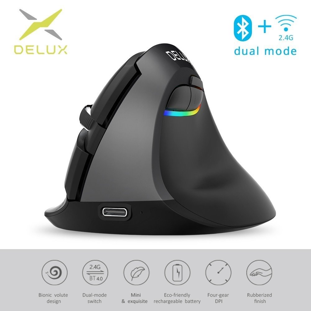 Delux M618 Mini Bluetooth 4.0+2.4GHz Dual mode Wireless Mouse Ergonomic Rechargeable Silent click Vertical Mice For Computer