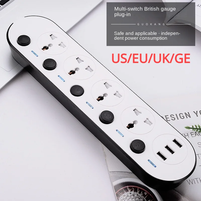 Power Strip Sockets US/UK/EU AU 110~220v 3 USB2.1A  5 Outlets 10A 2000W Office Independent Control Socket Multi Plug Home Socket