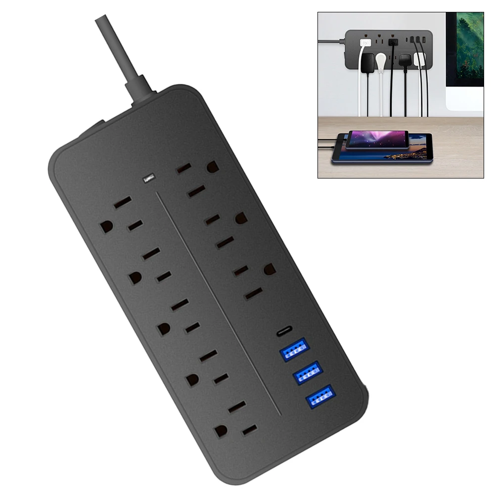 Power Surge Protection Plug 10A 110V 220V Power Multi Tap 3 USB 1 Type-C Charge Electrical Socket 2000W Smart Outlet Power Strip