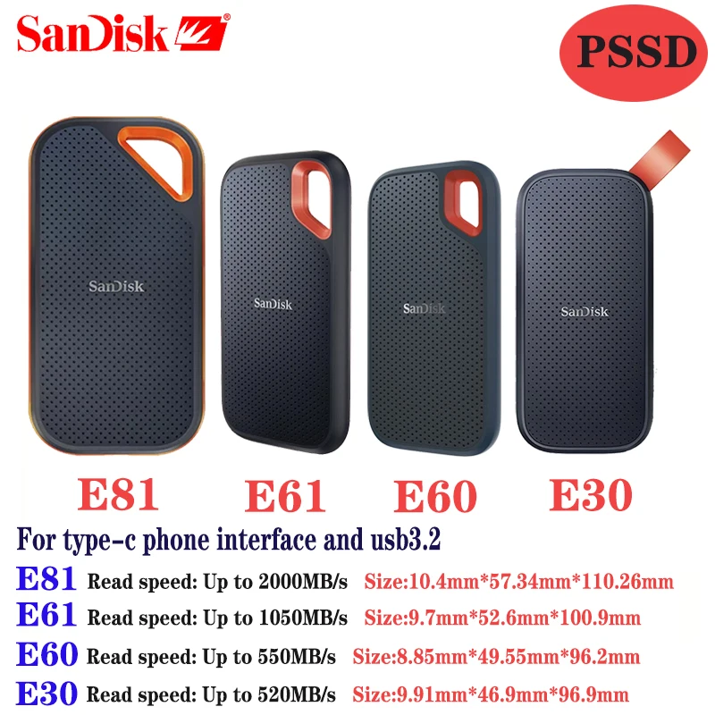 SanDisk Portable External SSD E30E81 4TB 2000MB/s External Hard Drive USB 3.2 Type-C 1TB 2TB Solid State Disk For Laptop Desktop