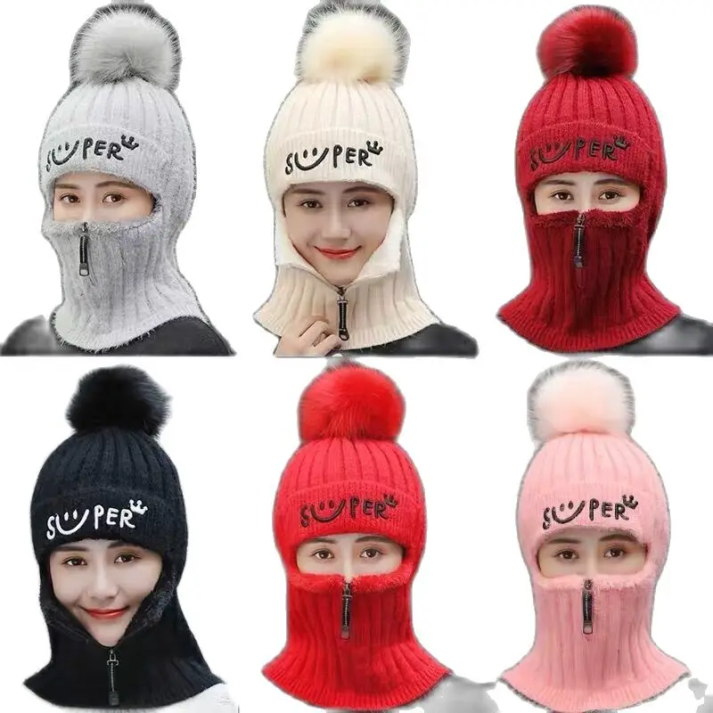 Warm beanie cap Winter adult women casual knitted hat Neck warmer Mask balaclava with zipper Cycling skullies ski skullcap